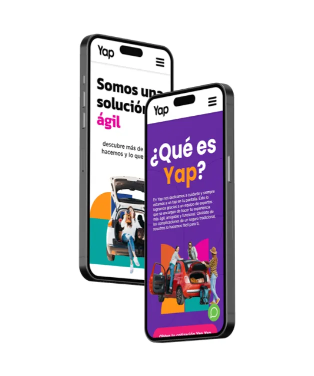 Dos smartphones mostrando la interfaz del sitio web de Yap Guatemala con una solución ágil.