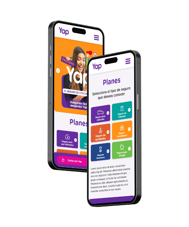 Dos smartphones mostrando la interfaz del sitio web de Yap Guatemala con una solución ágil.