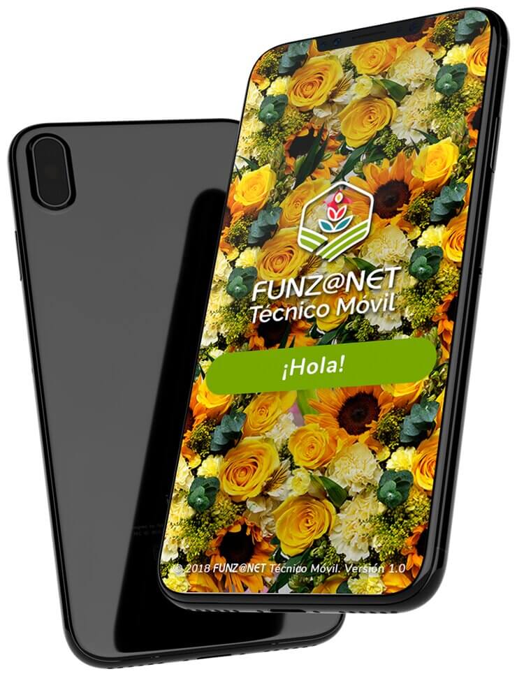 Imagen de la app móvil de Flores Funza mostrando un fondo floral con flores amarillas y naranjas, y la interfaz de usuario para técnicos móviles.