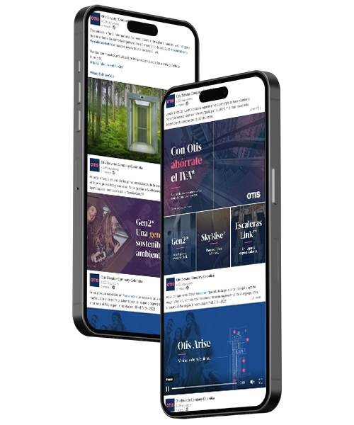 Dos smartphones mostrando contenido promocional de Otis Elevator Company, incluyendo anuncios sobre productos y servicios de ascensores y sostenibilidad.
