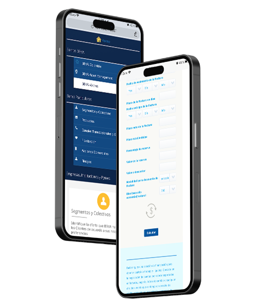 Dos smartphones mostrando pantallas del Portal de negocios bancarios de BBVA con un menú y un formulario para calcular productos financieros.