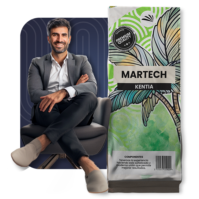 Servicio Martech iPalmera, representado por un hombre sentado junto a una bolsa de producto "MARTECH KENTIA" con diseño colorido de hojas y un sello de "Calidad Premium".