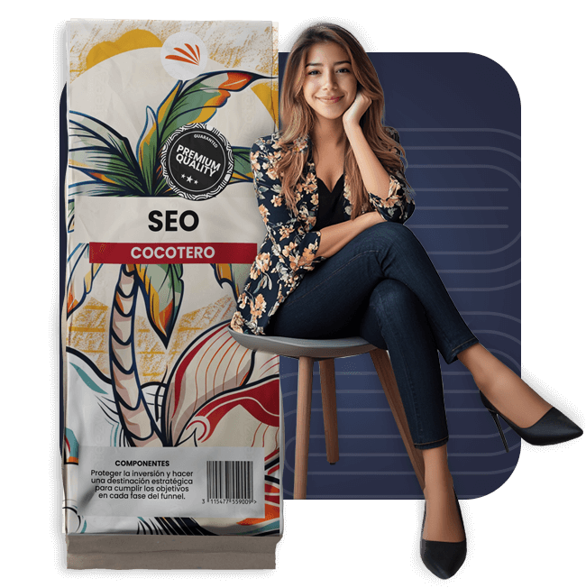 Servicio SEO iPalmera, representado por aquete de "SEO COCOTERO" con diseño de hojas de palma y cocos, junto a una persona sentada, con un sello de "Premium Quality"