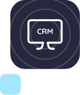 Icono de un monitor con las letras 'CRM' dentro, sobre fondo azul oscuro con círculos concéntricos, representando la automatización de la gestión de CRM, mailing, y captación de leads.