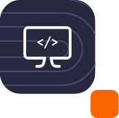 Icono de una pantalla de código con líneas de programación, sobre fondo oscuro con líneas curvas, representando el desarrollo de herramientas digitales personalizadas.