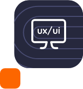Icono de una pantalla con las letras UX/UI, sobre fondo oscuro con líneas curvas, representando la creación de interfaces de usuario innovadoras y usabilidad.